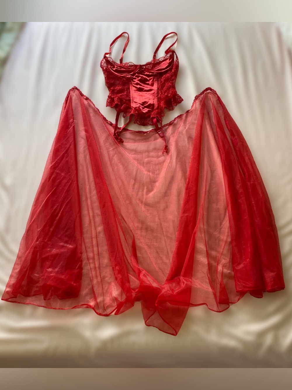 Vintage 1980s Fredericks of Hollywood Red Bustier Set w/ Garters + Train Skirt